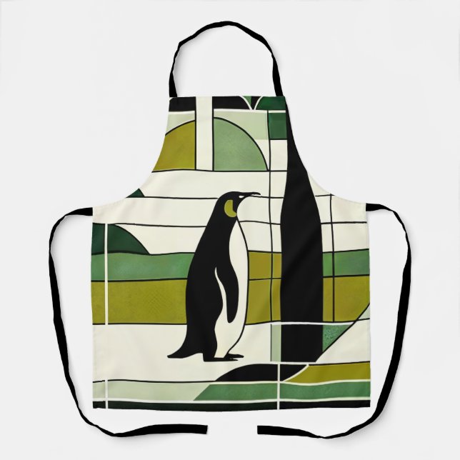 Olive Green Cream Geometric Penguin Forest Retro Apron (Front)