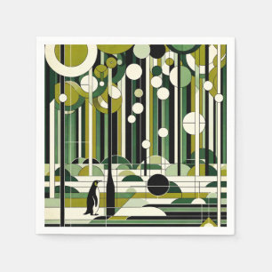 Olive Green Cream Geometric Penguin Forest Retro Napkin