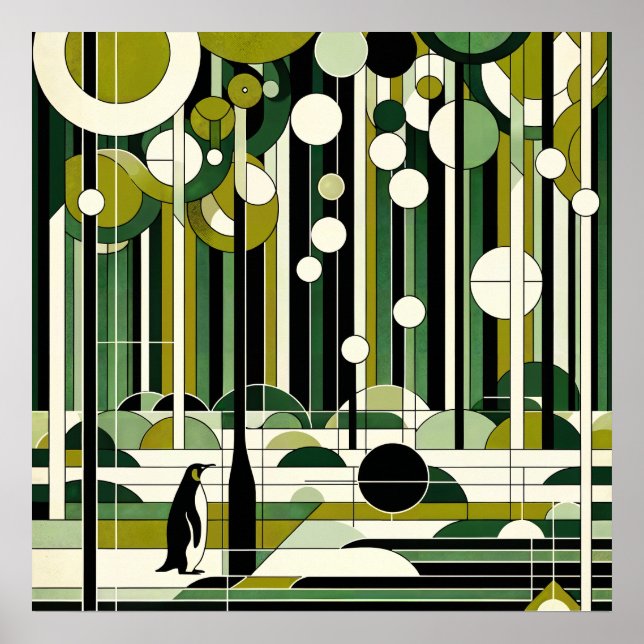 Olive Green Cream Geometric Penguin Forest Retro Poster (Front)