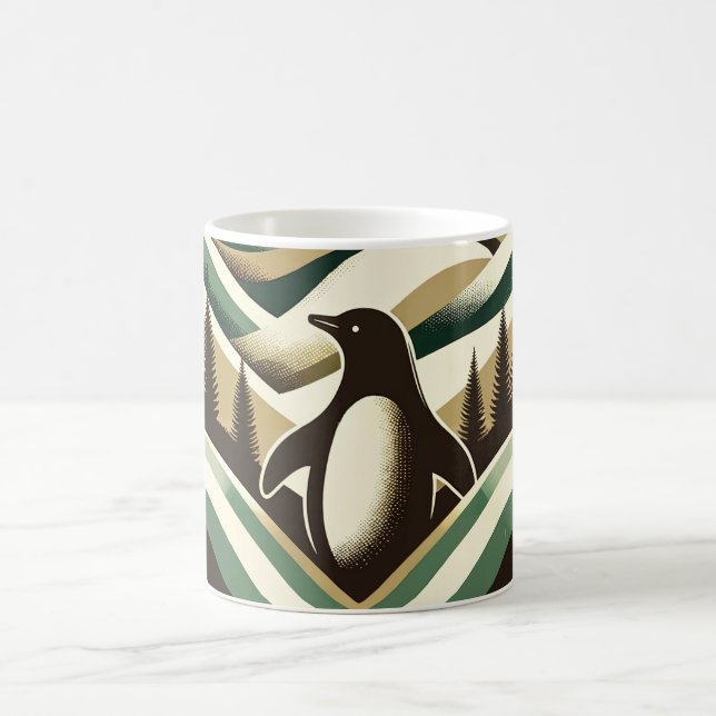 Olive Green Cream Retro Art Deco Waves Penguin  Coffee Mug (Center)