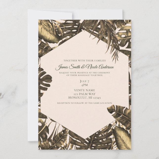 Olive Green & Cream Tropical Palm Leaves Wedding Invitation (Front)