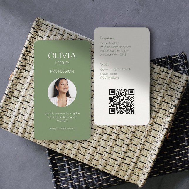Olive Green & Creamy Ivory Photo Social QR Code  Business Card (Creator Uploaded)
