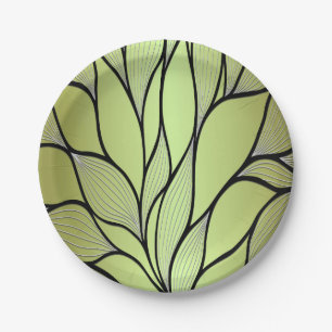Olive Green Creative Leave Pattern  Paper Plate