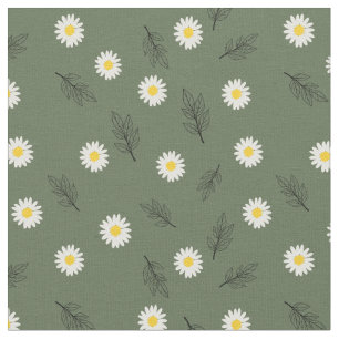 Olive Green Daisy Scatter - Combed Cotton Fabric