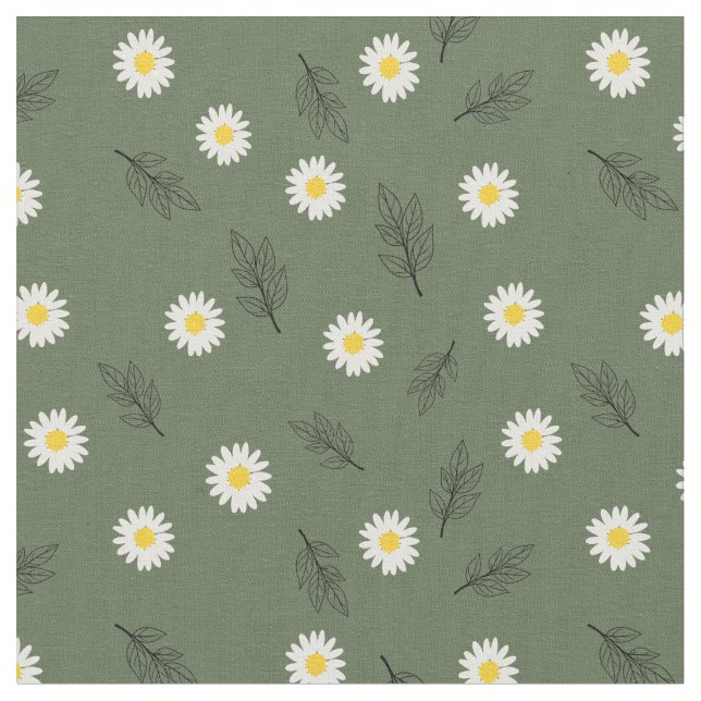 Olive Green Daisy Scatter - Combed Cotton Fabric (Close Up)