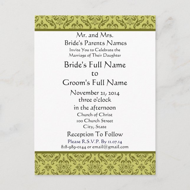 Olive Green Damask on White Wedding Invitation Postcard (Front)