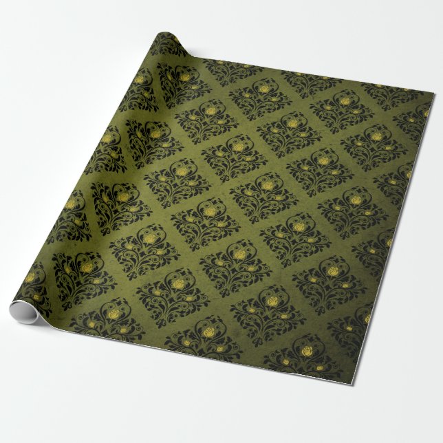 Olive Green Damask Print Rustic Halloween Wrapping Paper (Unrolled)