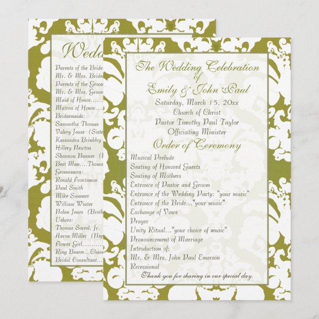 Olive Green Damask Wedding Program (Front/Back)