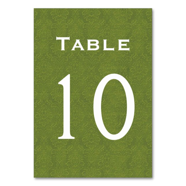 Olive Green Damask Wedding Table Number 10 (Front)