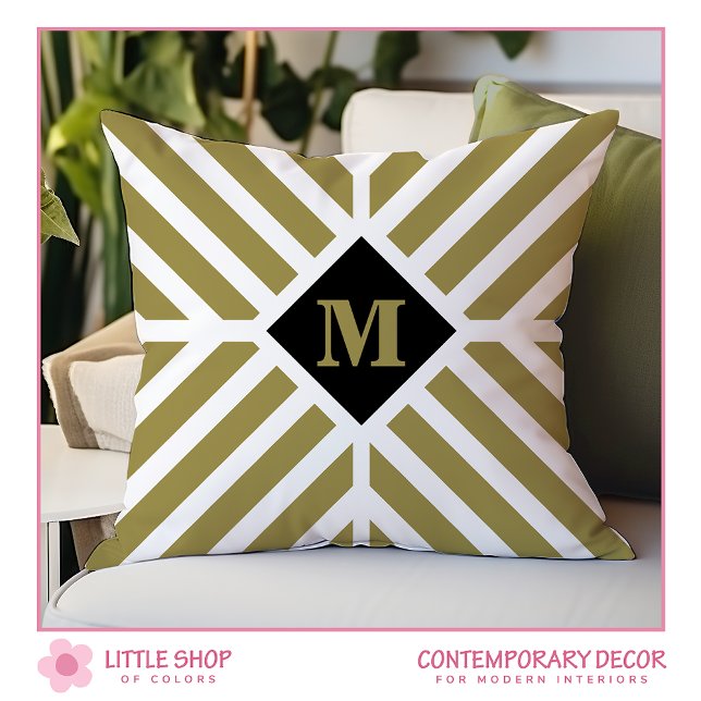 Olive Green Diagonal Stripes Monogram Cushion (Creator Uploaded)