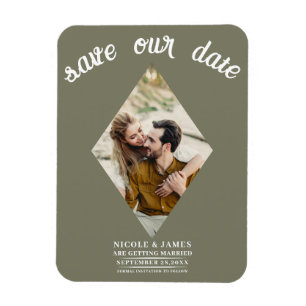 Olive Green Diamond Photo Wedding Save the Date Magnet