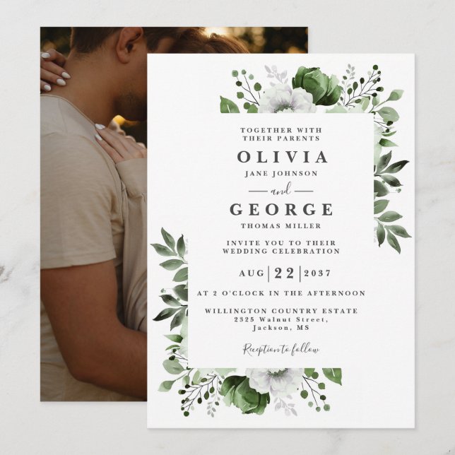 Olive Green Elegant Botanical Floral Photo Wedding Invitation (Front/Back)