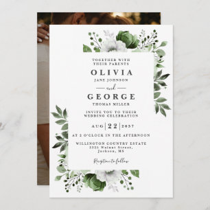 Olive Green Elegant Botanical Floral Photo Wedding Invitation
