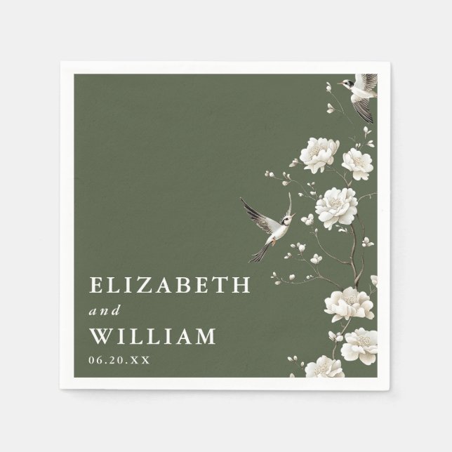 Olive Green Elegant Chinoiserie Floral Wedding Napkin (Front)