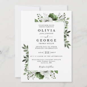 Olive Green Elegant Country Floral QR Code Wedding Invitation