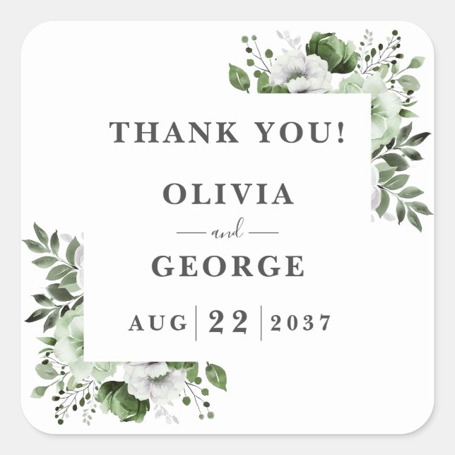 Olive Green Elegant Country Floral Wedding Favour Square Sticker (Front)