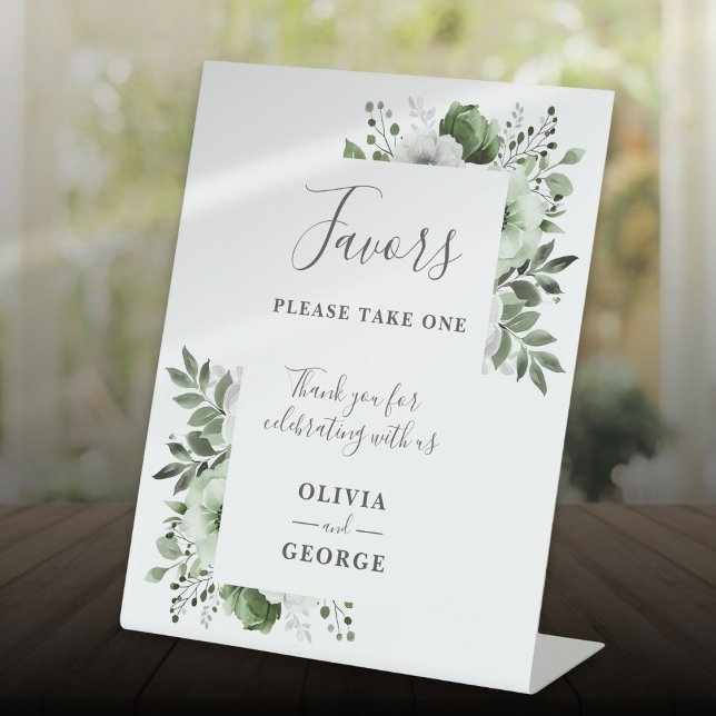 Olive Green Elegant Country Floral Wedding Favours Pedestal Sign (Olive Green Elegant Country Floral Wedding Favors Pedestal Sign)