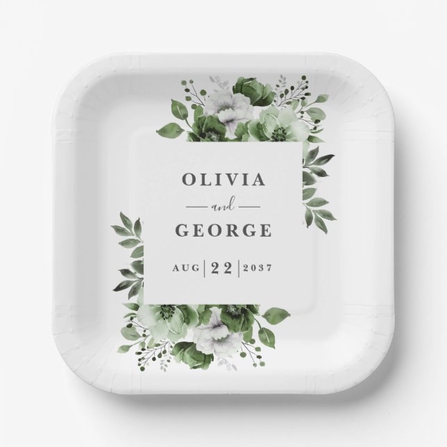 Olive Green Elegant Country Floral Wedding Paper Plate (Front)