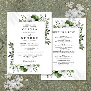 Olive Green Elegant Floral All In One Wedding Invitation