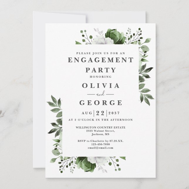 Olive Green Elegant Floral Engagement Party Invitation (Front)