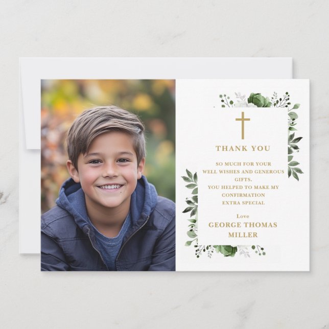 Olive Green Elegant Floral Photo Confirmation Thank You Card (Front)
