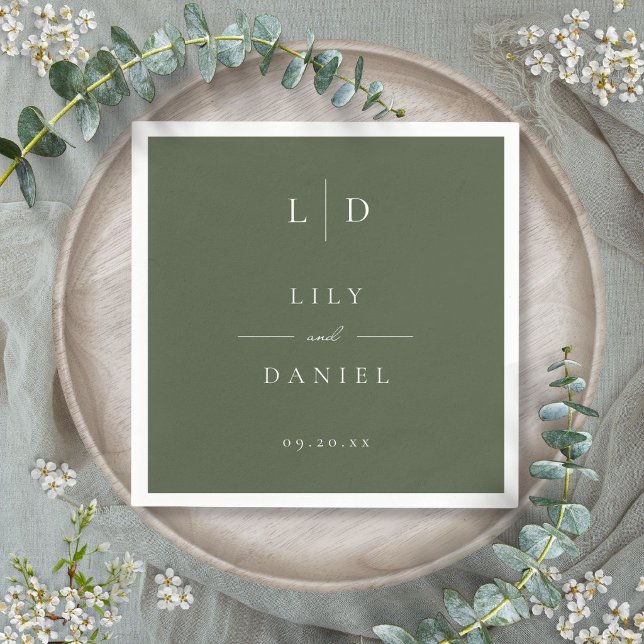 Olive Green Elegant Minimalist Monogram Wedding  Napkin (Olive Green Elegant Minimalist Monogram Wedding Napkins)