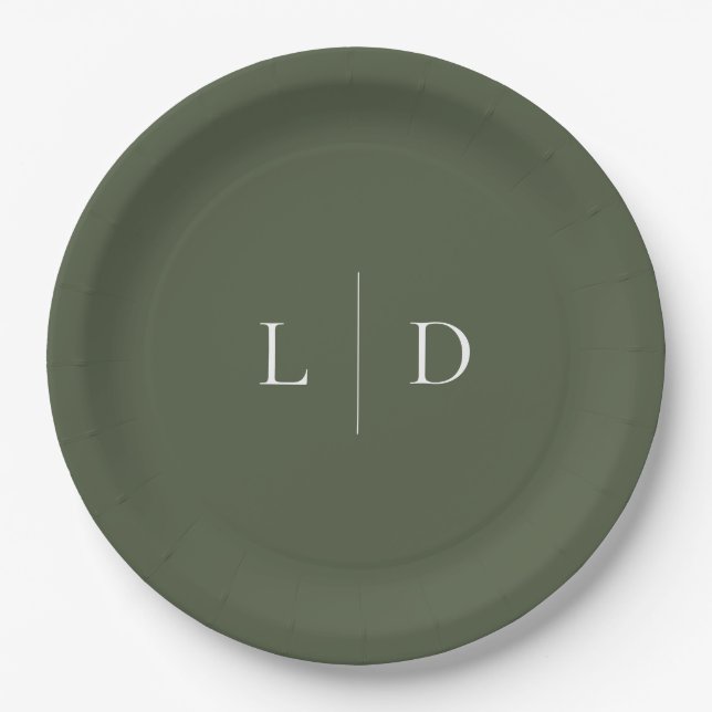Olive Green Elegant Minimalist Monogram Wedding Paper Plate (Front)