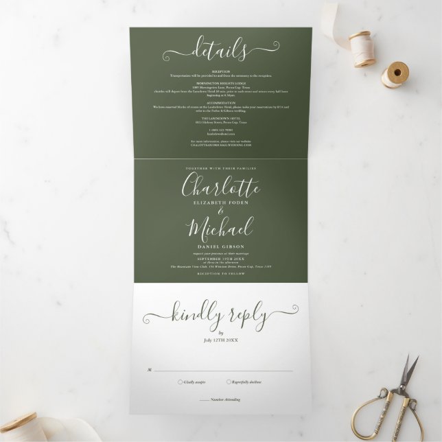 Olive Green Elegant Modern Photo Script Wedding Tri-Fold Invitation (Inside)