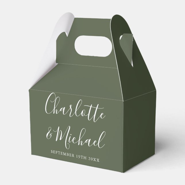 Olive Green Elegant Signature Script Wedding Favour Box (Front Side)