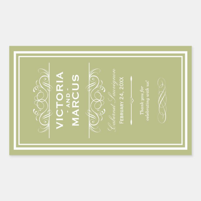 Olive Green Elegant Wedding Monogram Wine Bottle Rectangular Sticker (Front)
