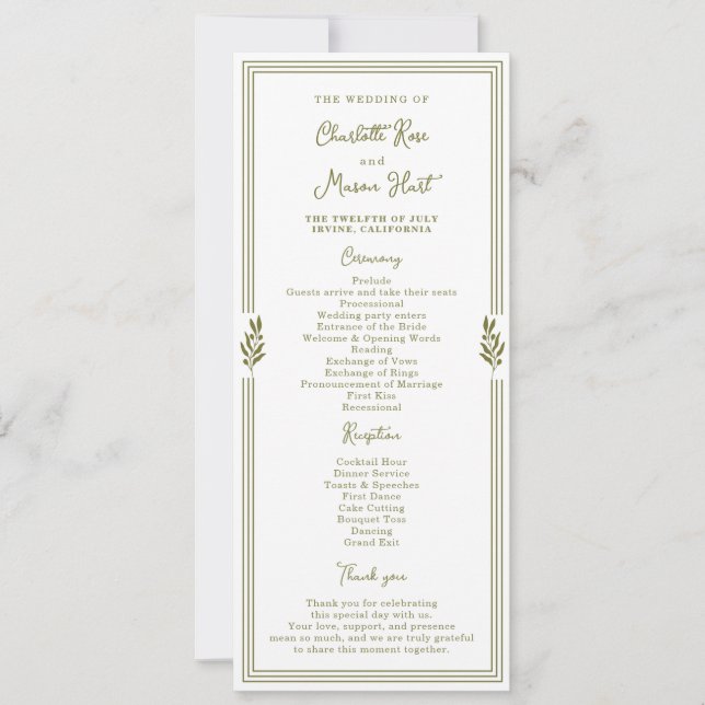 Olive Green Elegant Wedding Program Card (Front)