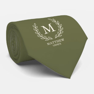 Olive Green Elegant Wedding Usher Laurel Monogram Tie