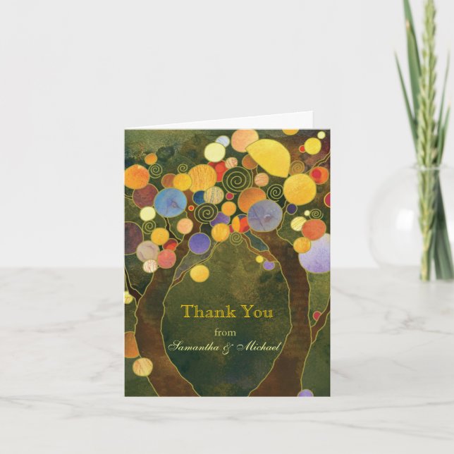 Olive Green Fall Love Trees Wedding Thank You Card (Front)