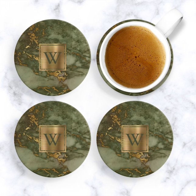 Olive Green Faux Marble Gold Monogram Coaster (Creator Uploaded)