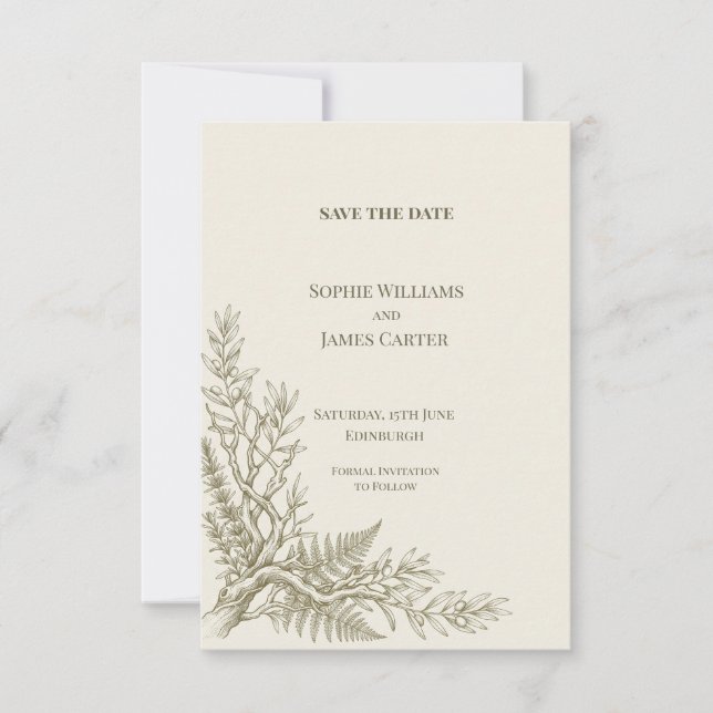 Olive Green Fern Wedding Save The Date (Front)
