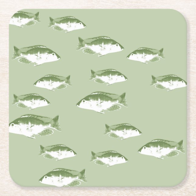 Olive green fish square paper coaster (Front)