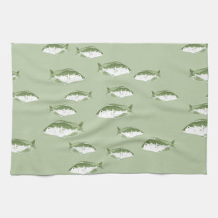 Olive green fish tea towel