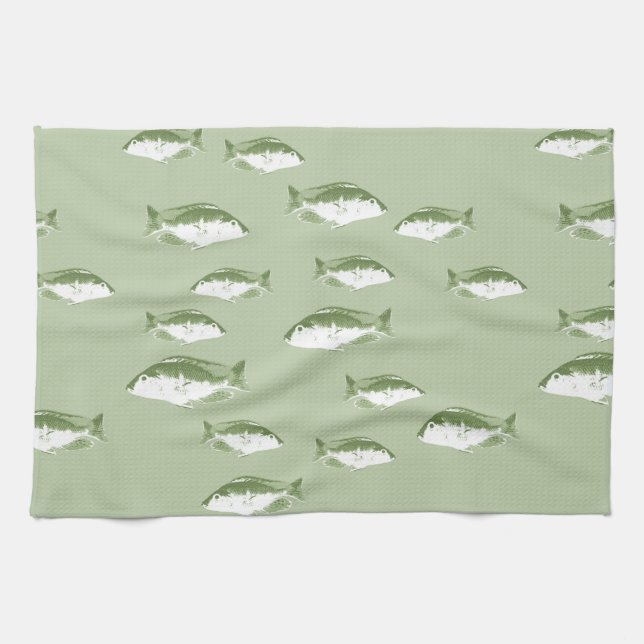 Olive green fish tea towel (Horizontal)