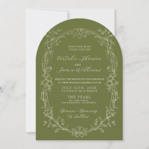 Olive Green Floral Arched Photo Old Money Wedding Invitation