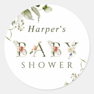 Olive Green Floral Botanical Letter Baby Shower Classic Round Sticker