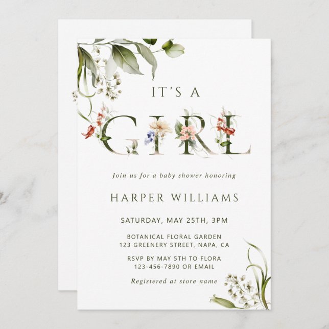 Olive Green Floral Botanical Letter Baby Shower  Invitation (Front/Back)