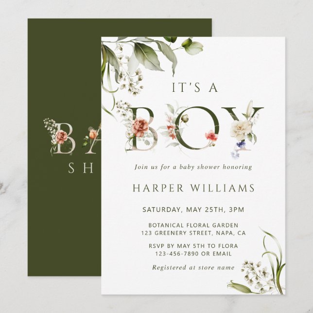 Olive Green Floral Botanical Letter Baby Shower Invitation (Front/Back)