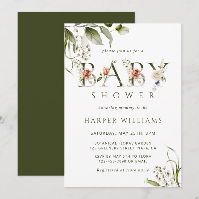 Olive Green Floral Botanical Letter Baby Shower Invitation (Front/Back)