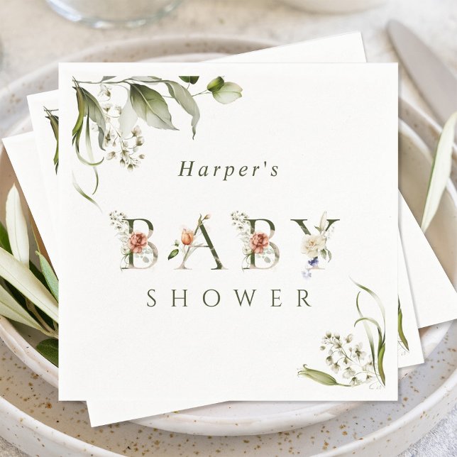Olive Green Floral Botanical Letter Baby Shower  Napkin (Creator Uploaded)