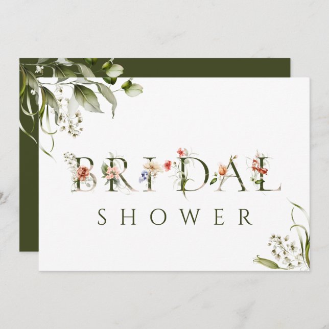 Olive Green Floral Botanical Letter Bridal Shower Invitation (Front/Back)