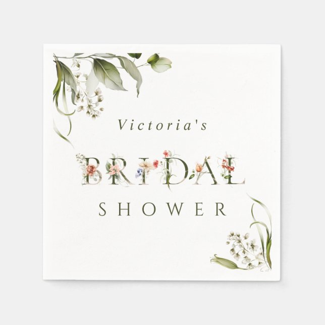 Olive Green Floral Botanical Letter Bridal Shower Napkin (Front)