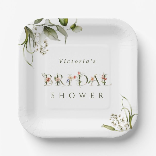 Olive Green Floral Botanical Letter Bridal Shower  Paper Plate (Front)