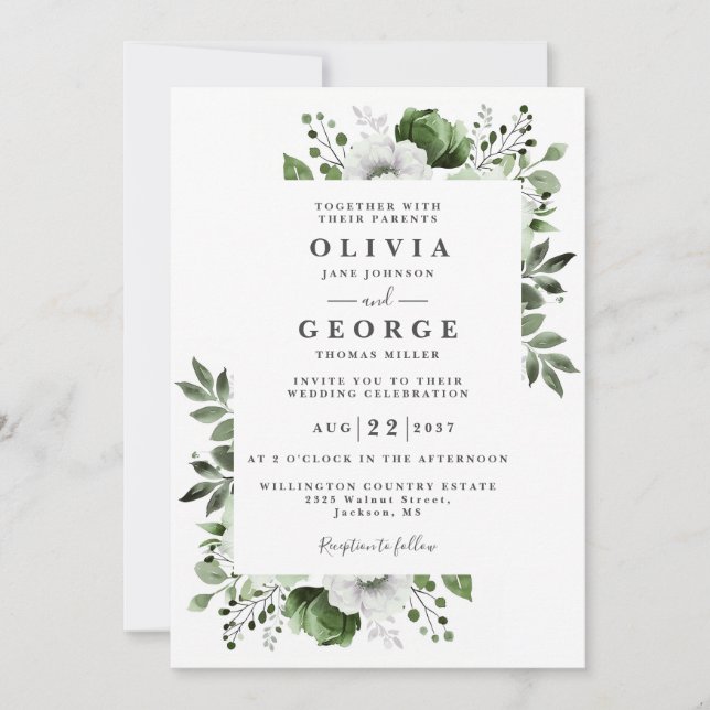 Olive Green Floral Botanical Modern Wedding Invitation (Front)