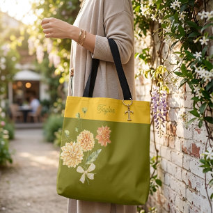 Olive Green Floral Bow Trendy Stylish Tote Bag