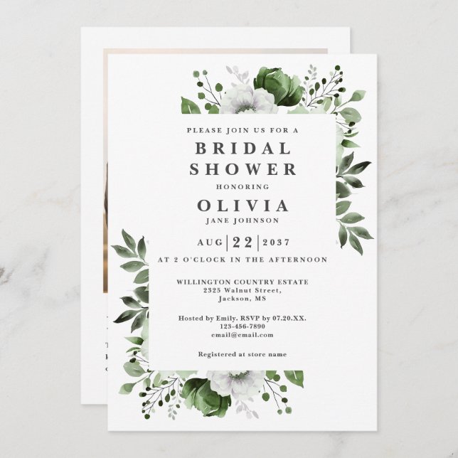 Olive Green Floral Bridal Shower Photo QR Code Invitation (Front/Back)